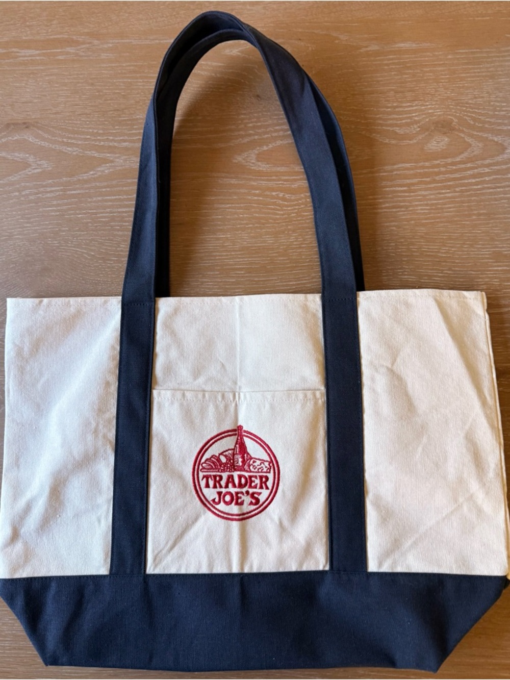 Trader Joe's Large Canvas Tote Bag in White and Navy with Red Logo NWOT